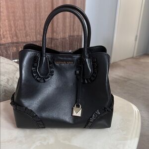 Michael Kors Small Black Satchel with Gold Accents and Ruffle Detail